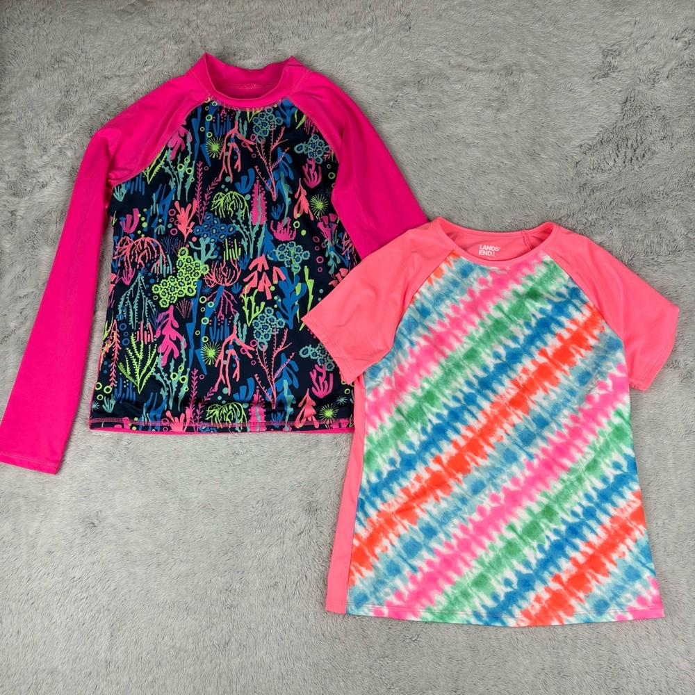 Lands End Girls XL Rash Guards Swim Shirt Top Long Short Sleeve Neon‎ Bright UPF